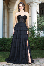AD 3216 - Strapless A-Line Prom Gown with Layered Ruffle Skirt Sheer Beaded Lace Adorned Corset Top Open Lace Up Back & Leg Slit PROM GOWN Adora XS BLACK 