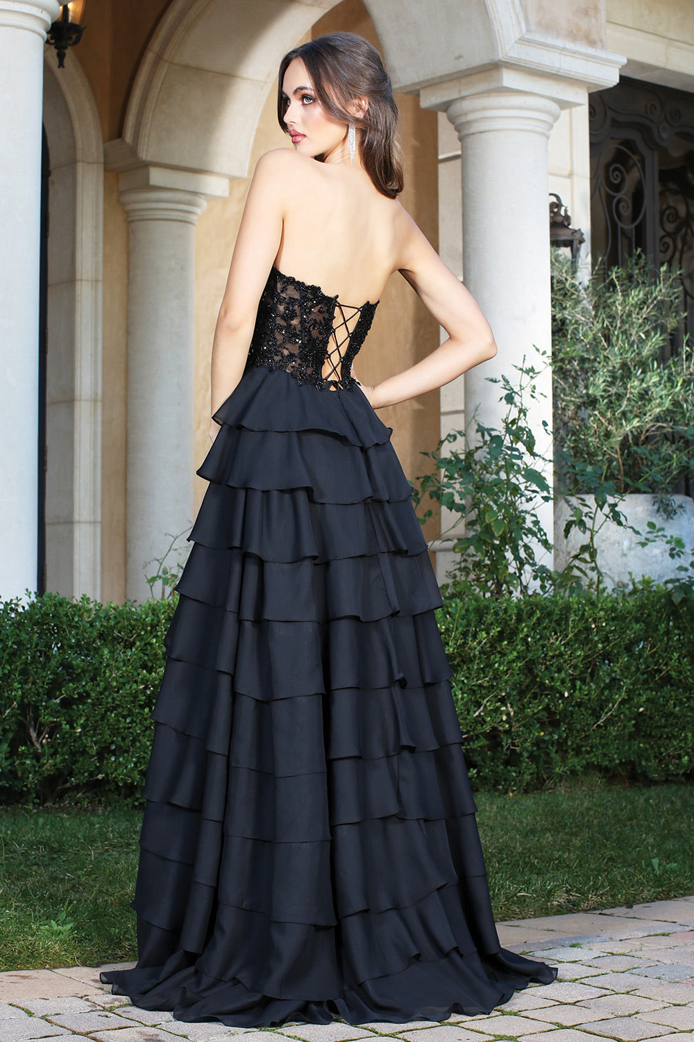 Ad 3216 - Strapless A-Line Prom Gown with Layered Ruffle Skirt Sheer Beaded Lace Adorned Corset Top Open Lace Up Back & Leg Slit S / Red Ad 3216 - Strapless A-Line Prom Gown with Layered Ruffle Skirt Sheer Beaded Lace Adorned Corset Top Open Lace Up Back & Leg Slit S / Red
