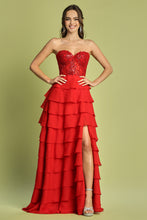 AD 3216 - Strapless A-Line Prom Gown with Layered Ruffle Skirt Sheer Beaded Lace Adorned Corset Top Open Lace Up Back & Leg Slit PROM GOWN Adora XS RED 