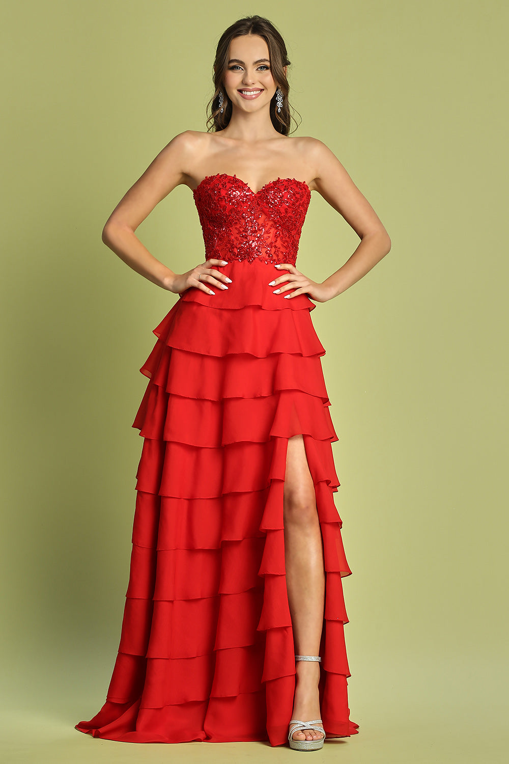 Ad 3216 - Strapless A-Line Prom Gown with Layered Ruffle Skirt Sheer Beaded Lace Adorned Corset Top Open Lace Up Back & Leg Slit S / Red Ad 3216 - Strapless A-Line Prom Gown with Layered Ruffle Skirt Sheer Beaded Lace Adorned Corset Top Open Lace Up Back & Leg Slit S / Red