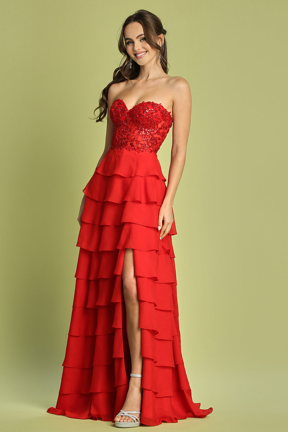 Ad 3216 - Strapless A-Line Prom Gown with Layered Ruffle Skirt Sheer Beaded Lace Adorned Corset Top Open Lace Up Back & Leg Slit S / Red Ad 3216 - Strapless A-Line Prom Gown with Layered Ruffle Skirt Sheer Beaded Lace Adorned Corset Top Open Lace Up Back & Leg Slit S / Red
