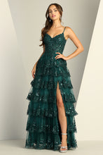 AD 3217 - Sequin Embellished Layered Ruffle A-Line Prom Gown with Sheer Boned Bodice Open Lace Up Corset Back & Leg Slit PROM GOWN Adora XS EMERALD