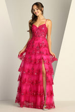 AD 3217 - Sequin Embellished Layered Ruffle A-Line Prom Gown with Sheer Boned Bodice Open Lace Up Corset Back & Leg Slit PROM GOWN Adora XS FUCHSIA