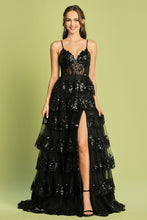 AD 3218 - Sequin Embellished Layered Ruffle A-Line Prom Gown with Sheer Boned Bodice Open Lace Up Corset Back & Leg Slit PROM GOWN Adora XS BLACK 