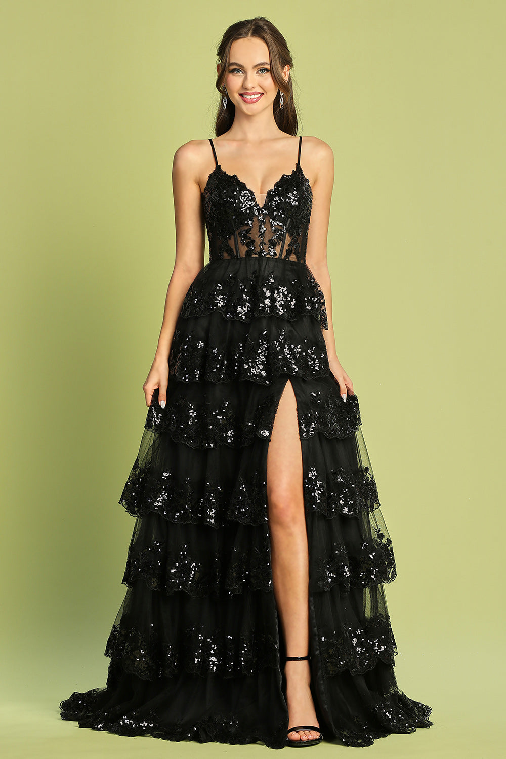 AD 3218 - Sequin Embellished Layered Ruffle A-Line Prom Gown with Sheer Boned Bodice Open Lace Up Corset Back & Leg Slit XL / ROYAL BLUE AD 3218 - Sequin Embellished Layered Ruffle A-Line Prom Gown with Sheer Boned Bodice Open Lace Up Corset Back & Leg Slit XL / ROYAL BLUE