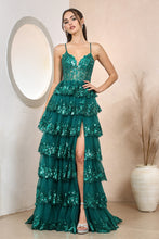 AD 3218 - Sequin Embellished Layered Ruffle A-Line Prom Gown with Sheer Boned Bodice Open Lace Up Corset Back & Leg Slit PROM GOWN Adora XS EMERALD 