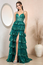 AD 3218 - Sequin Embellished Layered Ruffle A-Line Prom Gown with Sheer Boned Bodice Open Lace Up Corset Back & Leg Slit PROM GOWN Adora   
