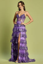 AD 3218 - Sequin Embellished Layered Ruffle A-Line Prom Gown with Sheer Boned Bodice Open Lace Up Corset Back & Leg Slit PROM GOWN Adora XS LAVENDER 