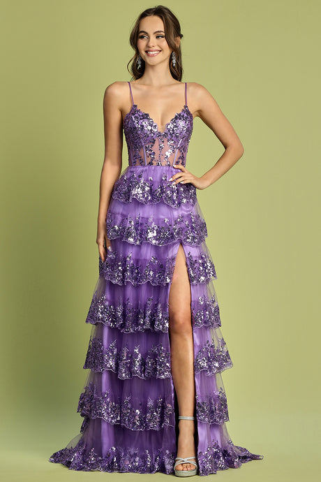 AD 3218 - Sequin Embellished Layered Ruffle A-Line Prom Gown with Sheer Boned Bodice Open Lace Up Corset Back & Leg Slit PROM GOWN Adora   