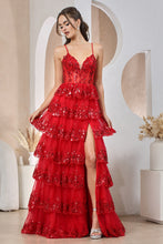 AD 3218 - Sequin Embellished Layered Ruffle A-Line Prom Gown with Sheer Boned Bodice Open Lace Up Corset Back & Leg Slit PROM GOWN Adora XS RED 