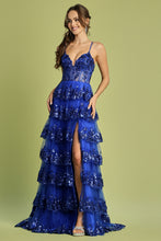 AD 3218 - Sequin Embellished Layered Ruffle A-Line Prom Gown with Sheer Boned Bodice Open Lace Up Corset Back & Leg Slit PROM GOWN Adora XS ROYAL BLUE 