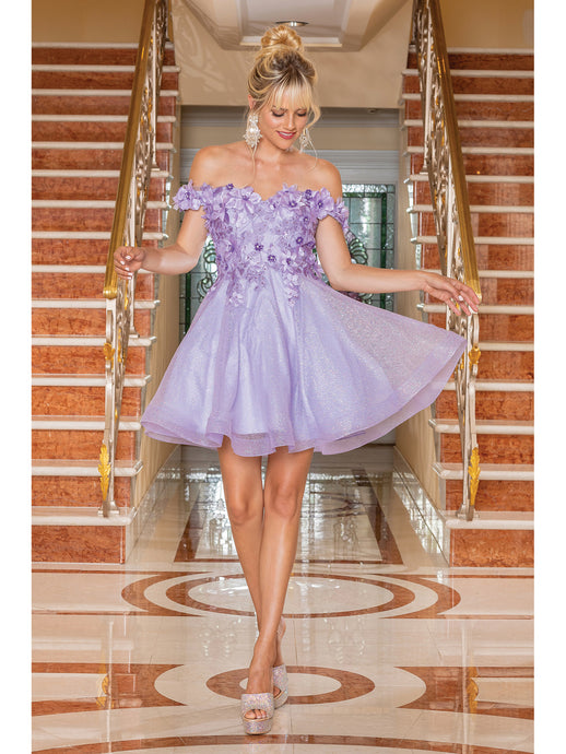 DQ 3254 - Off the Shoulder Short Homecoming Dress with 3D Floral Applique Lace Up Corset Back & Glitter Tulle Skirt Homecoming Dancing Queen XS LILAC 