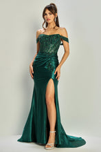 AD 3334- Off The Shoulder Boned Embellished Bodice Shimmer Satin Prom Gown with Side Rushing & High Leg Slit PROM GOWN Adora Emerald 4