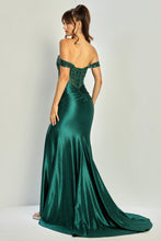 AD 3334- Off The Shoulder Boned Embellished Bodice Shimmer Satin Prom Gown with Side Rushing & High Leg Slit PROM GOWN Adora