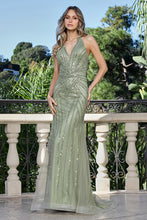 AD 3350- Linear Beaded Fit & Flare Prom Gown with Halter V-Neck Bodice & Open Detailed Back PROM GOWN Adora 2 Greenery
