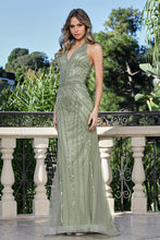 AD 3350- Linear Beaded Fit & Flare Prom Gown with Halter V-Neck Bodice & Open Detailed Back PROM GOWN Adora