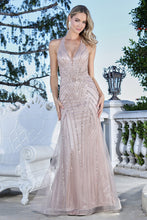 AD 3350- Linear Beaded Fit & Flare Prom Gown with Halter V-Neck Bodice & Open Detailed Back PROM GOWN Adora 2 light mocha