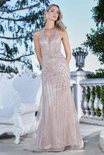 AD 3350- Linear Beaded Fit & Flare Prom Gown with Halter V-Neck Bodice & Open Detailed Back PROM GOWN Adora