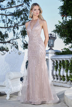 AD 3350- Linear Beaded Fit & Flare Prom Gown with Halter V-Neck Bodice & Open Detailed Back PROM GOWN Adora