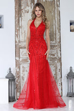 AD 3350- Linear Beaded Fit & Flare Prom Gown with Halter V-Neck Bodice & Open Detailed Back PROM GOWN Adora