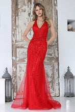 AD 3350- Linear Beaded Fit & Flare Prom Gown with Halter V-Neck Bodice & Open Detailed Back PROM GOWN Adora 2 Red