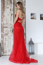 AD 3350- Linear Beaded Fit & Flare Prom Gown with Halter V-Neck Bodice & Open Detailed Back PROM GOWN Adora