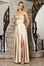 AD 3367 - Strapless Satin A-Line Prom Gown with Rhinestone Accented Cowl Neck Corset Bodice Leg Slit & Lace Up Back PROM GOWN Adora