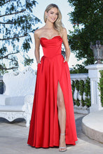 AD 3367 - Strapless Satin A-Line Prom Gown with Rhinestone Accented Cowl Neck Corset Bodice Leg Slit & Lace Up Back PROM GOWN Adora