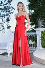 AD 3367 - Strapless Satin A-Line Prom Gown with Rhinestone Accented Cowl Neck Corset Bodice Leg Slit & Lace Up Back PROM GOWN Adora