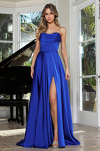 AD 3367 - Strapless Satin A-Line Prom Gown with Rhinestone Accented Cowl Neck Corset Bodice Leg Slit & Lace Up Back PROM GOWN Adora