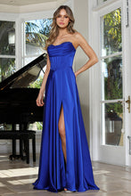 AD 3367 - Strapless Satin A-Line Prom Gown with Rhinestone Accented Cowl Neck Corset Bodice Leg Slit & Lace Up Back PROM GOWN Adora 2 Royal Blue