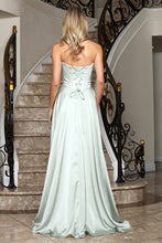 AD 3367 - Strapless Satin A-Line Prom Gown with Rhinestone Accented Cowl Neck Corset Bodice Leg Slit & Lace Up Back PROM GOWN Adora