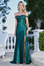AD 3371- Off The Shoulder Fit & Flare Prom Gown with Ruched Bodice Trimmed with Beaded Lace Open Lace Up Back & Leg Slit PROM GOWN Adora 2 Emerald