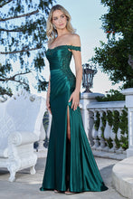 AD 3371- Off The Shoulder Fit & Flare Prom Gown with Ruched Bodice Trimmed with Beaded Lace Open Lace Up Back & Leg Slit PROM GOWN Adora