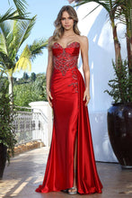 AD 3373 - Strapless Fit & Flare Prom Gown with Rhinestone Accented Corset Bodice Side Sash Leg Slit & Open Lace Up Back