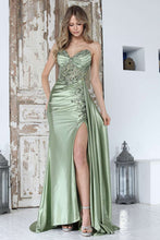 AD 3373 - Strapless Fit & Flare Prom Gown with Rhinestone Accented Corset Bodice Side Sash Leg Slit & Open Lace Up Back
