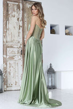 AD 3373 - Strapless Fit & Flare Prom Gown with Rhinestone Accented Corset Bodice Side Sash Leg Slit & Open Lace Up Back