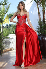 AD 3373 - Strapless Fit & Flare Prom Gown with Rhinestone Accented Corset Bodice Side Sash Leg Slit & Open Lace Up Back