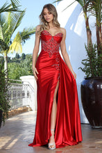 AD 3373 - Strapless Fit & Flare Prom Gown with Rhinestone Accented Corset Bodice Side Sash Leg Slit & Open Lace Up Back