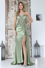 AD 3373 - Strapless Fit & Flare Prom Gown with Rhinestone Accented Corset Bodice Side Sash Leg Slit & Open Lace Up Back