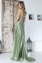 AD 3373 - Strapless Fit & Flare Prom Gown with Rhinestone Accented Corset Bodice Side Sash Leg Slit & Open Lace Up Back