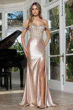 AD 3374 - Off the Shoulder Fit & Flare Prom Gown with Crystal Adorned Lace Corset Bodice Leg Slit & Open Lace Up Back