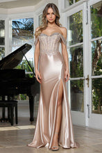 AD 3374 - Off the Shoulder Fit & Flare Prom Gown with Crystal Adorned Lace Corset Bodice Leg Slit & Open Lace Up Back