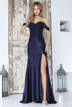 AD 3374 - Off the Shoulder Fit & Flare Prom Gown with Crystal Adorned Lace Corset Bodice Leg Slit & Open Lace Up Back