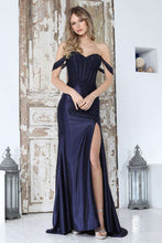 AD 3374 - Off the Shoulder Fit & Flare Prom Gown with Crystal Adorned Lace Corset Bodice Leg Slit & Open Lace Up Back