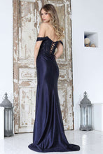 AD 3374 - Off the Shoulder Fit & Flare Prom Gown with Crystal Adorned Lace Corset Bodice Leg Slit & Open Lace Up Back