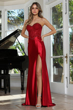 AD 3375- Strapless Lace Boned Bodice Satin Prom Gown with High Leg Slit & Lace Up Open Back - Diggz Formals