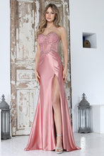 AD 3375- Strapless Lace Boned Bodice Satin Prom Gown with High Leg Slit & Lace Up Open Back - Diggz Formals