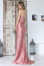 AD 3375- Strapless Lace Boned Bodice Satin Prom Gown with High Leg Slit & Lace Up Open Back - Diggz Formals