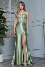 AD 3375- Strapless Lace Boned Bodice Satin Prom Gown with High Leg Slit & Lace Up Open Back - Diggz Formals